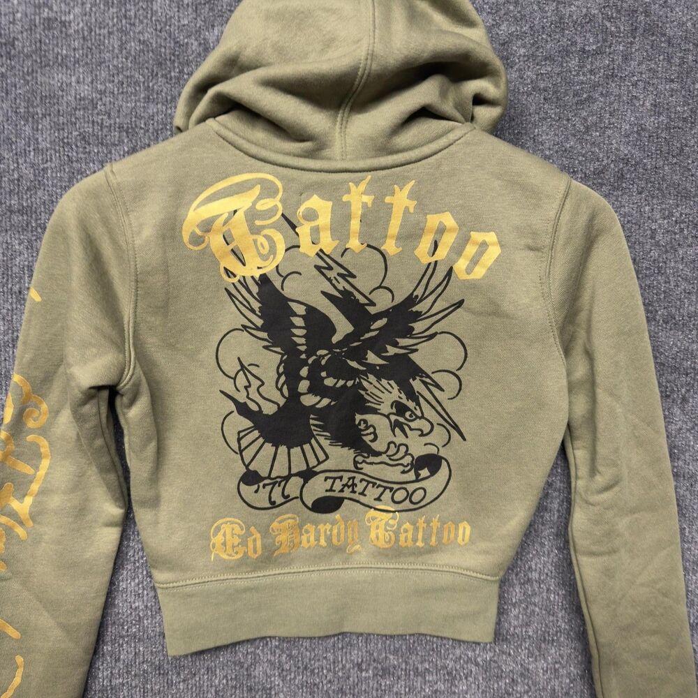 Ed Hardy Hoodie Womens XS Green Cropped Full Zip Tattoo Graphic Skull Eagle Y2K - Picture 10 of 12
